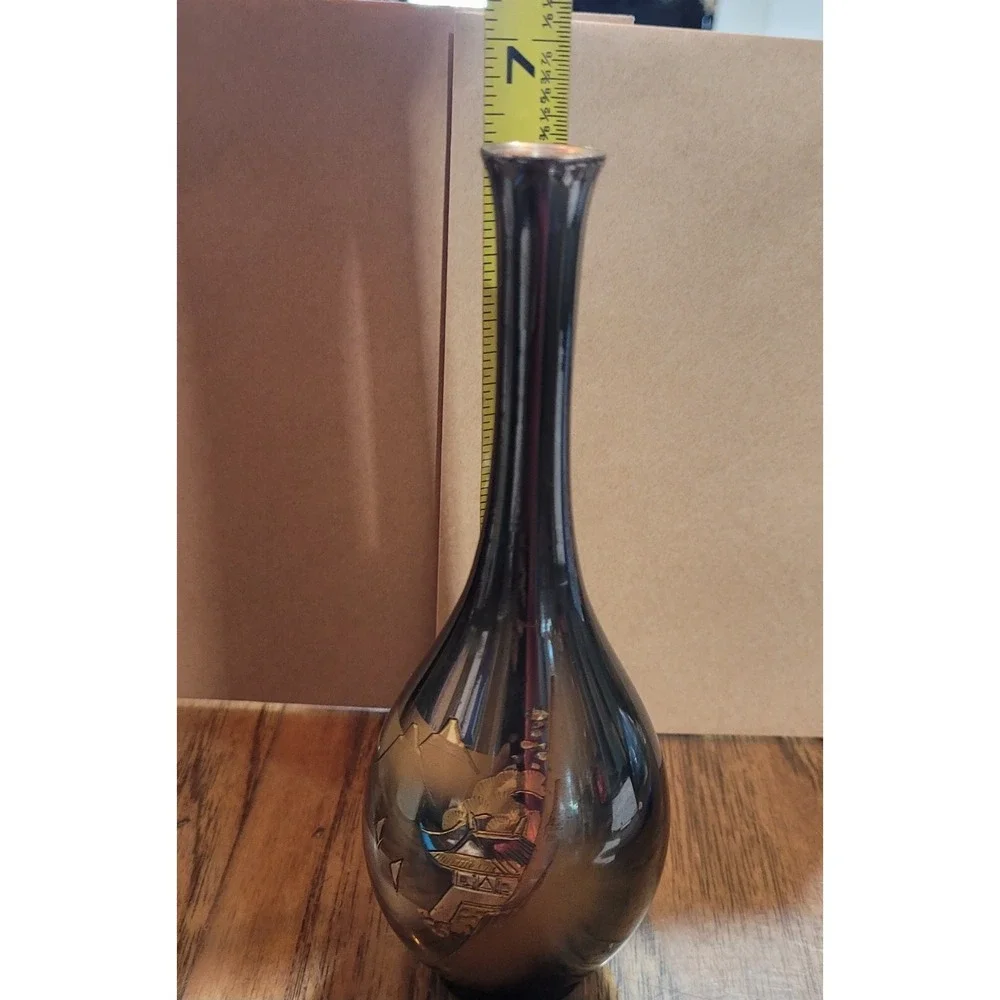 Vintage Metal Bud Vase with Mountain Design Etetched Fine Arts Japan